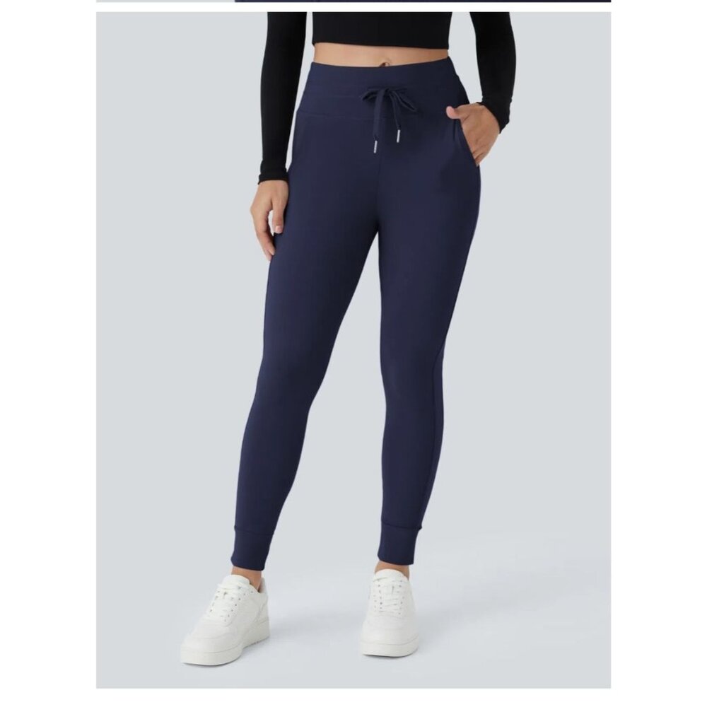 Halara Navy Blue High Waisted Joggers, Athleisure, Drawstring, Stretch Size Larg